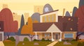 House Building Suburb Of Big City In Autumn, Cottage Real Estate Cute Town Concept