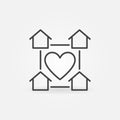 House Buildings with Heart linear icon. Staying at home vector symbol