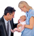 House, businessman and father with smile for infant, white background and professional with suit. Family, dad and mother