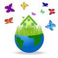 House with butterflies in a planet earth on white background