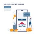 House-buying online banner. Man buys a home paying by credit card. Dealing house, property digital purchase vector