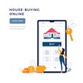 House-buying online banner. Woman buys a home paying by credit card. Dealing house, property web purchase, mortgage