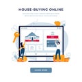House-buying online, concept for landing page. Couple touching the button on monitor screen, buy a home. Dealing house