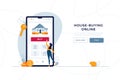 House-buying online landing page template. Woman buys new home, touches the button on phone. mortgage, loan, property