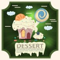House cake with icing and a slice of citrus and candy with the inscription dessert square sticker flat design