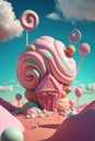 House in candyland. A lot of sweets. Vertical illustration. AI generative