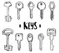 House and car key doodles of hand drawn keys Royalty Free Stock Photo