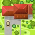 House with car near road in the meadow. Top view from above. Small town building and trees. Cartoon cute style Royalty Free Stock Photo