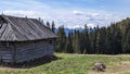 The house in the Carpathian mountains, with Chornohirsky ridge on the background, Ukraine, nature in spring.