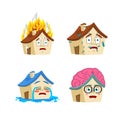 House Cartoon Style set 3. Home Smart and infected. Fire and flooded. Building Collection of situations