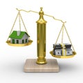 House and cashes on scales. Isolated 3D Royalty Free Stock Photo