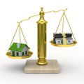House and cashes on scales. Isolated 3D Royalty Free Stock Photo
