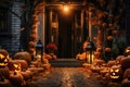 house with a castle-like entrance, a vibrant path leading to it, carved pumpkin faces
