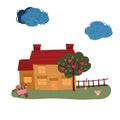 House with chimney in Village. Villa with apple tree and chicken in valley. Summer time in farm. Cottage in country Royalty Free Stock Photo