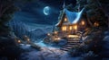 House and Christmas decorations in winter forest at night, scenery of lone chalet, snow and moon. Cottage and trees in snowy woods