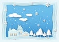 House with Christmas tree, snow,snowflake and cloud on blue sky Royalty Free Stock Photo