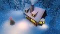 House and christmas tree at snowfall night top view Royalty Free Stock Photo