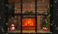 House during Christmas through the window.Decorated fireplace and Christmas tree with gifts below