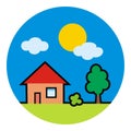 House at circle frame, tree and sun, vector icon Royalty Free Stock Photo