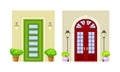 House classic entrance. Porches with closed purple doors and potted plants vector illustration