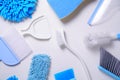 House cleaning blue product on white table background, housekeeping concept