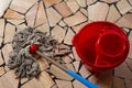 house cleaning concept, cleaning floors in the house , red bucket and mop Royalty Free Stock Photo