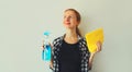 House cleaning concept - housewife or cleaner, happy smiling woman holding dry microfiber rag and detergent spray bottle at home Royalty Free Stock Photo