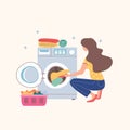House cleaning. The girl puts dirty Laundry in the washing machine. Vector illustration