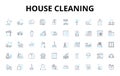 House cleaning linear icons set. Sweep, Mop, Vacuum, Dust, Scrub, Sanitize, Tidy vector symbols and line concept signs