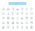 House cleaning linear icons set. Sweep, Mop, Vacuum, Dust, Scrub, Sanitize, Tidy line vector and concept signs. Polish