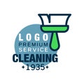 House cleaning and maid service logo design with brush and blue circle. Original icon in outline style. Flat vector Royalty Free Stock Photo