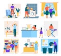 House cleaning and people doing housework, set of flat cartoon vector illustration. Men, women and children washing Royalty Free Stock Photo