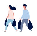 House cleaning. People with waste in bags. Organic garbage, sorting and utilization vector illustration