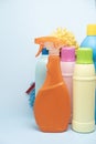 House cleaning plastic product on blue table background, home service or housekeeping concept Royalty Free Stock Photo