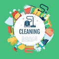 House cleaning poster. Vector home services template with household supplies icons