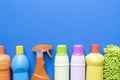 House cleaning product on blue background Royalty Free Stock Photo