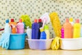 House cleaning product in the kitchen room Royalty Free Stock Photo