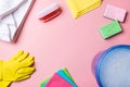 House cleaning product on pink background, copy space Royalty Free Stock Photo