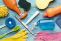 House cleaning product on wood blue table Royalty Free Stock Photo