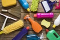 House cleaning product on wood table Royalty Free Stock Photo