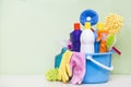 House cleaning product on wood table Royalty Free Stock Photo