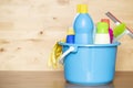 House cleaning product on wood table Royalty Free Stock Photo