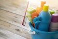 House cleaning product on wood table Royalty Free Stock Photo