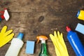 House cleaning products variety on wooden background, top view. From above, flat lay. Royalty Free Stock Photo