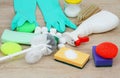 House cleaning products on wooden table Royalty Free Stock Photo