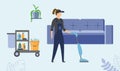House Cleaning Service Concept. Female Character Dressed In Overall Doing Housework, Vacuuming Carpet. Cart With Royalty Free Stock Photo