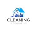 House cleaning service logo design. House with vacuum cleaner, bucket and cleaning products vector design Royalty Free Stock Photo