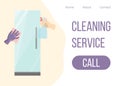 House cleaning services vector web template. Hand in glove and mop and spray with cleaned refrigerator flat illustration