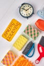 House cleaning supplies, top view. Royalty Free Stock Photo