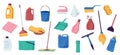 House cleaning tools. Washing and cleaning equipment, rubber gloves, dustpan and brush, soap bottle and bucket. Vector Royalty Free Stock Photo